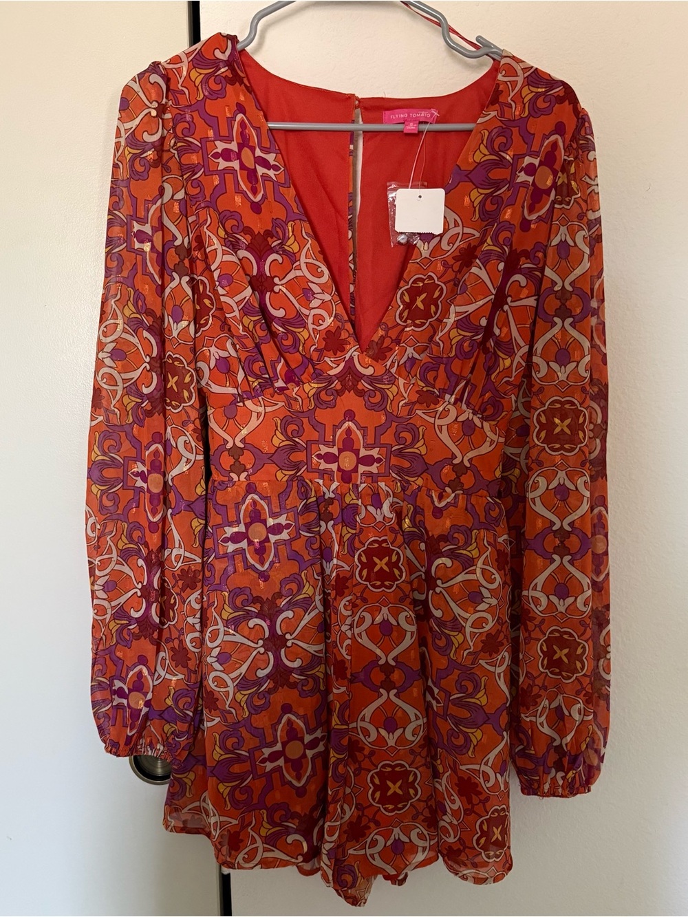Retro Orange & Purple V-Neck Dress Size Small